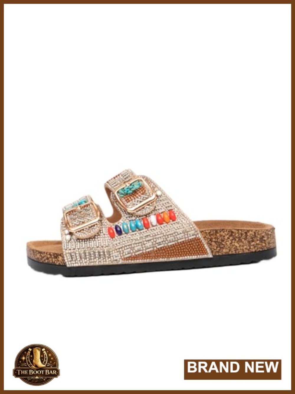 Rhinestone Beaded Cork Footbed Double Buckle Sandals Slides Beach Slippers